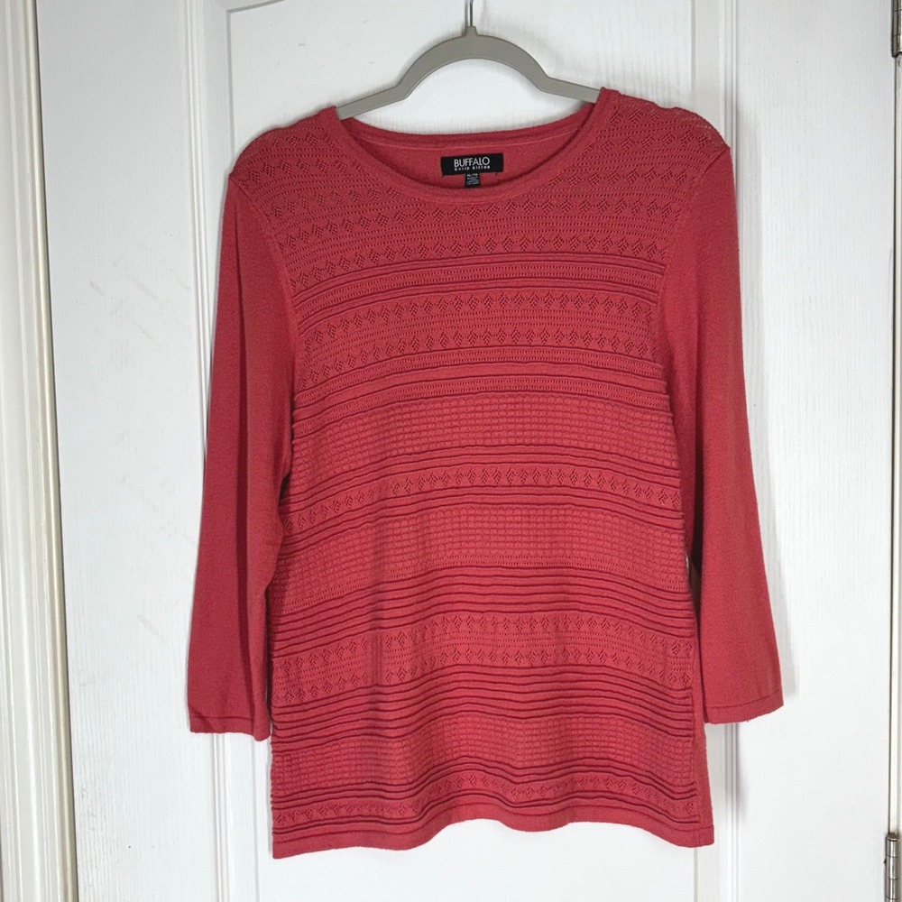 Buffalo David Bitton Coral Pink Pointelle Knit Top 3/4 Sleeve XL